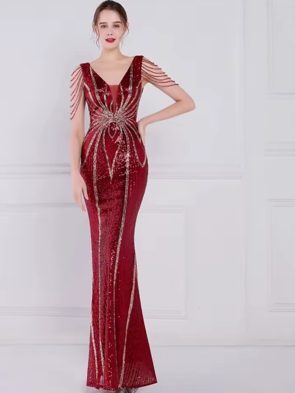 Red Sequin Evening Gown with Beaded Accents
